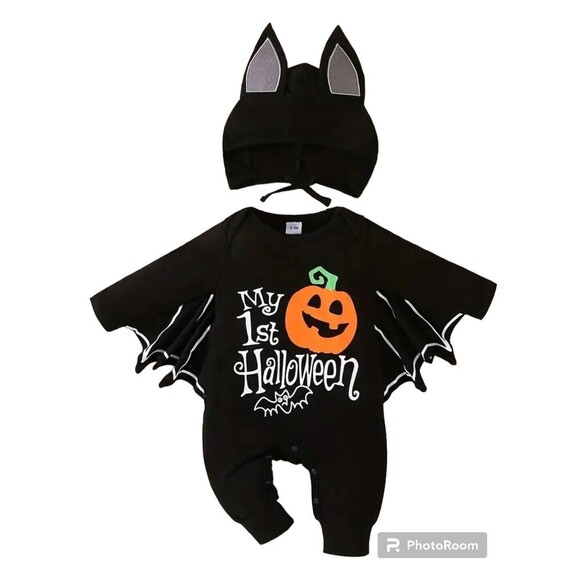 0-3M 2-PCS Baby First Halloween Romper with Bat Wings + Hat "My 1st Halloween" - Picture 1 of 11
